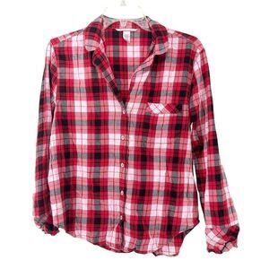 Victorias Secret Flannel Pajama Top Red Plaid Womens Small Long Sleeve Button Up